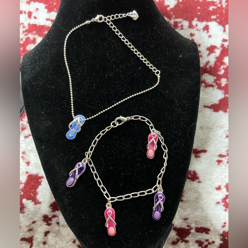 Set of 2, Flip-Flop, Charm Bracelets, Silver Tone.